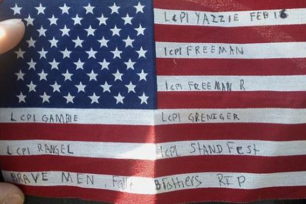 Jeff wrote the names of his friends who were killed on a flag which he kept inside his helmet