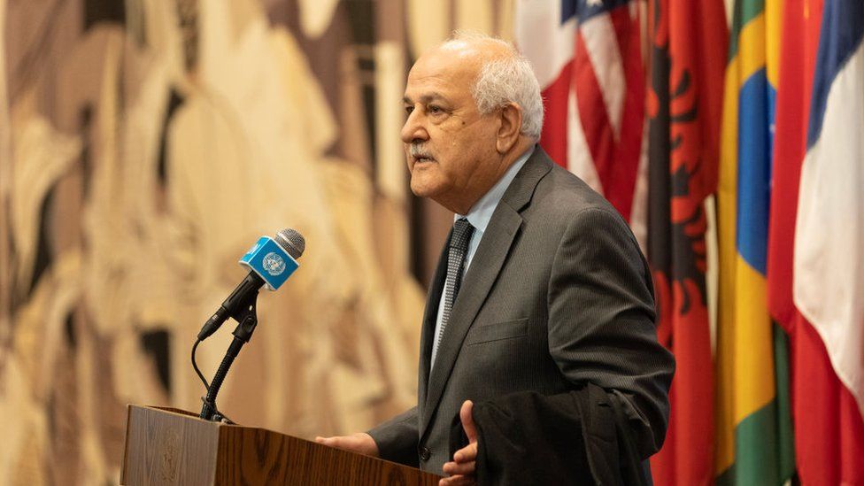 The Palestinian UN envoy Riyad Mansour addressing the press in a file photo from November