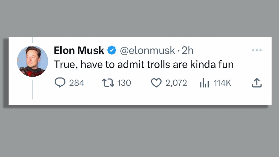 Tweet from Elon Musk's account which reads, 'True, have to admit trolls are kinda fun'.