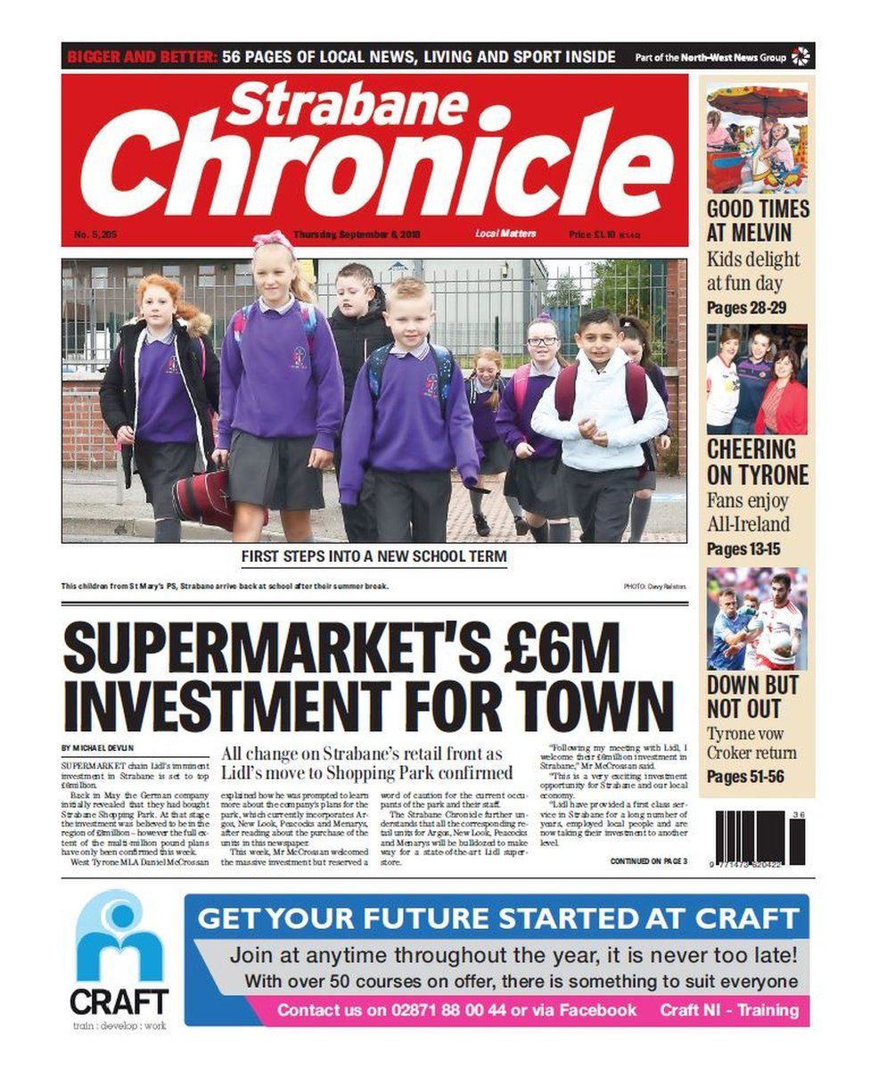 front page of the Strabane Chronicle Thursday 6 September 2018