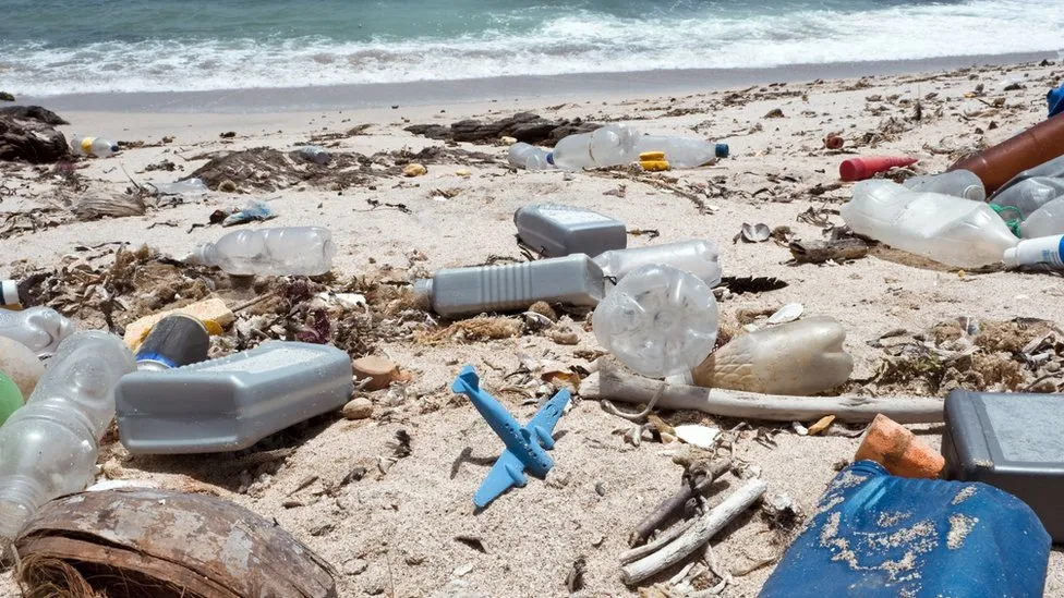 Beach littered with various plastic debris, including bottles and containers, highlighting the issue of plastic waste in coastal environments.