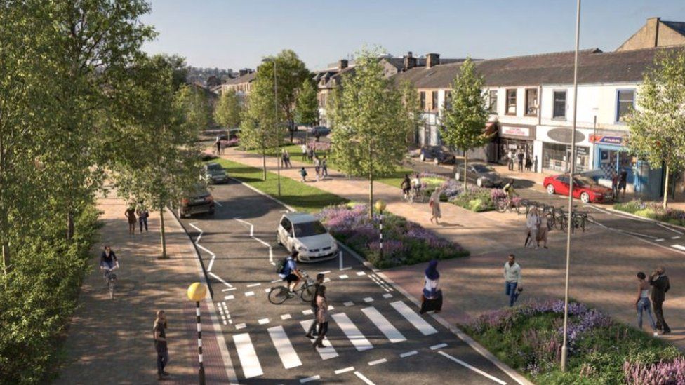A computer-generated image showing how Scotland Road in Nelson will look after the Accessible Nelson works are complete.