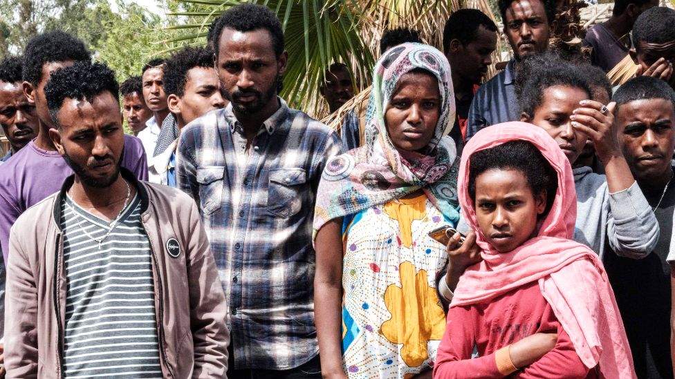 People outside a hospital in Mekelle, Tigray, Ethiopia after an airstrike – June 2021