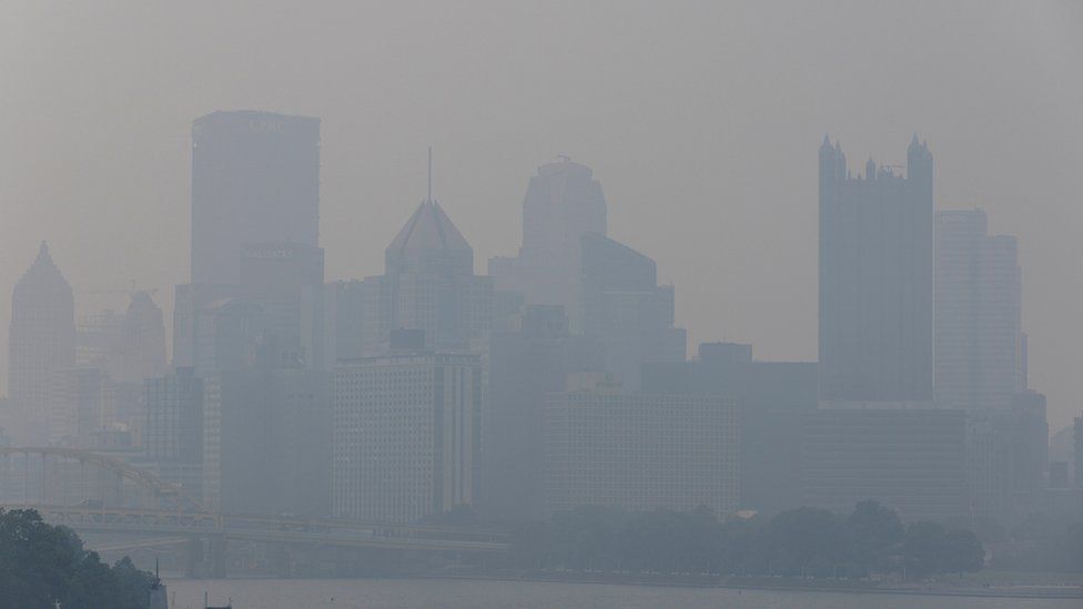 Hazy Pittsburgh skyline