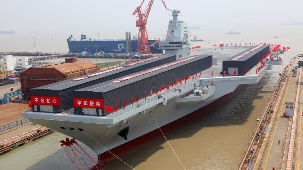 The launching ceremony of China's third aircraft carrier, the Fujian, in Shanghai, 17 June 2022