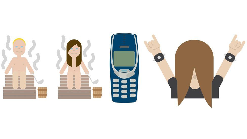 Three of the emojis representing people in a sauna, a Nokia 3310 and a headbanger