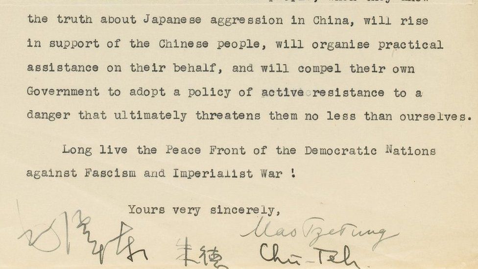 Photo of an extract of the letter from Mao Zedong to Clement Attlee