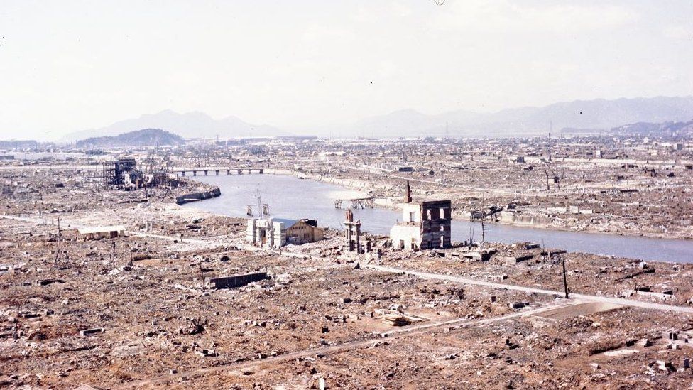 General view of Hiroshima, Japan as seen from vicinity of 'zero', shows complete devastation as a result of atomic bombing.