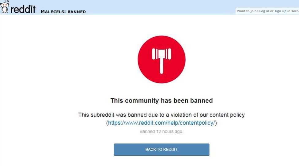 A screenshot of a banned Reddit forum
