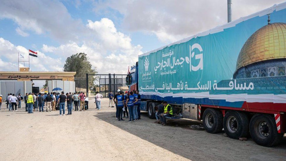 A truck of a humanitarian aid convoy for the Gaza Strip is parked outside Rafah border gate, Egypt, 18 October 2023.