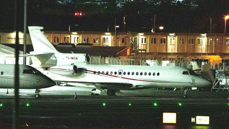 A Dassault Falcon 8X belonging to the Monaco royal family and carrying Prince Albert arriving in Edinburgh