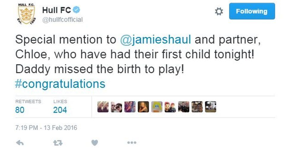 Hull FC tweet: "Special mention to @jamieshaul and partner, Chloe, who have had their first child tonight! Daddy missed the birth to play! #congratulations"