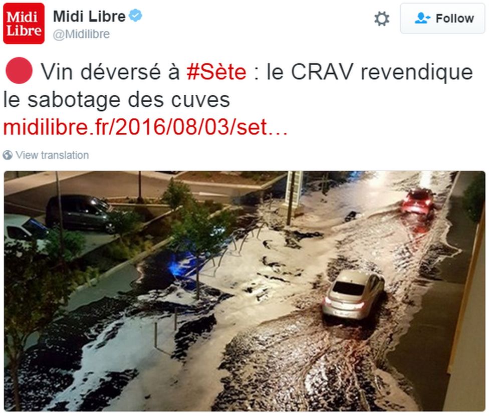 A tweet reads (in French): Wine spilled into Sete: Crav claims the sabotage of tanks