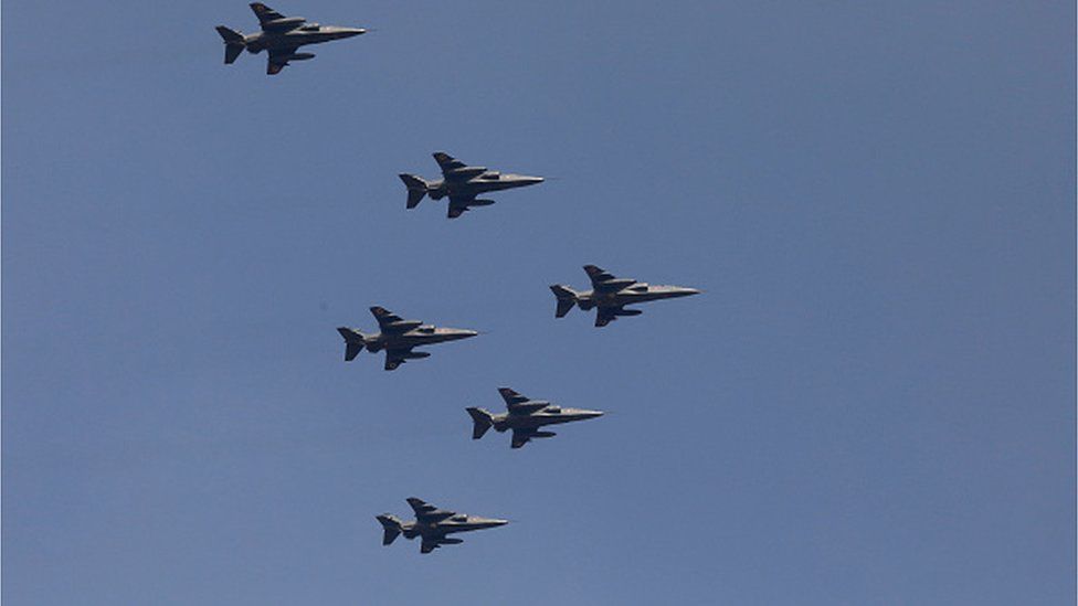 NEW DELHI, INDIA - 2023/01/23: Indian Air Force (IAF) Fighter aircraft Jaguars seen flying over Kartvya Path during the full dress rehearsal for the upcoming Republic Day parade. India will celebrate its 74th Republic Day on 26 January 2023.