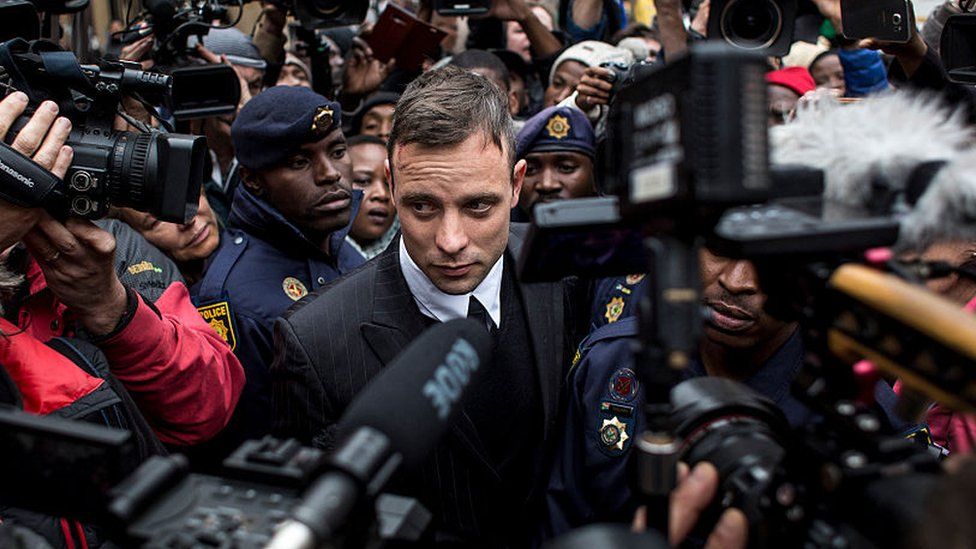 Oscar Pistorius leaves the North Gauteng High Court on June 14, 2016 in Pretoria, South Africa.