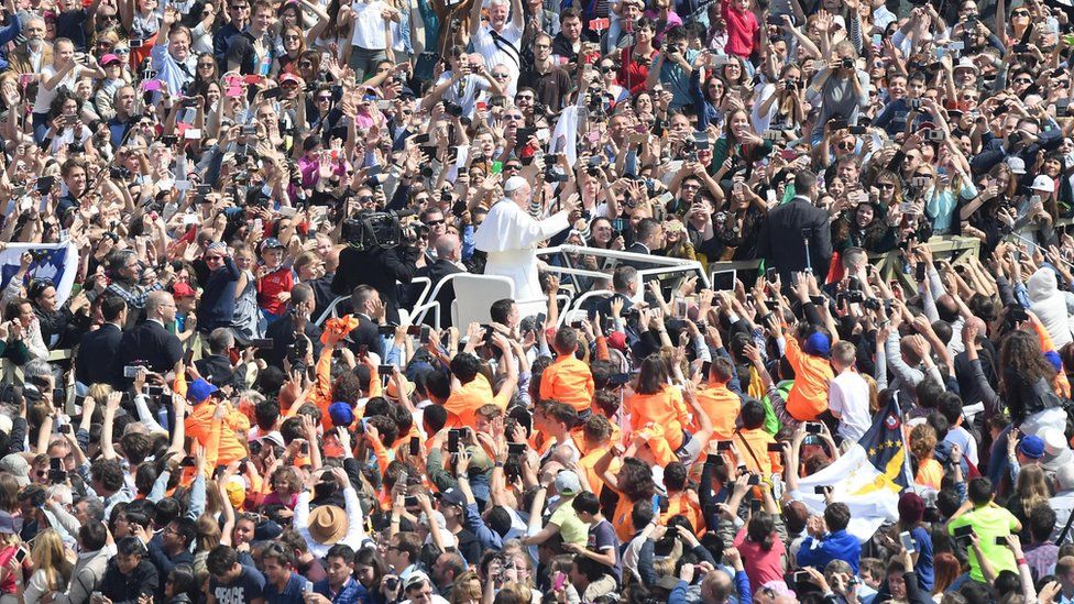 The pontiff travelled through the crowds in his so-called Popemobile