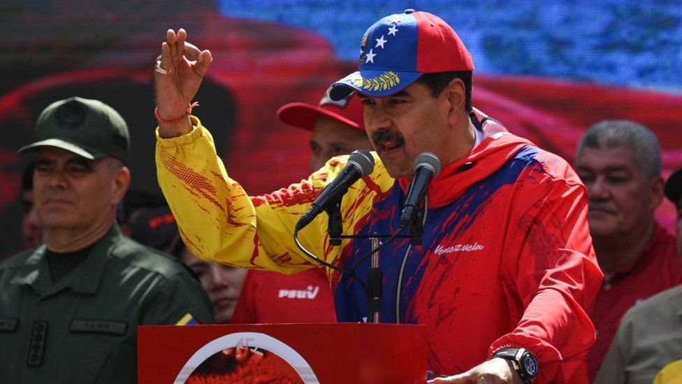 Venezuelan President Nicolas Maduro speaks to supporters during a rally to commemorate 20 years of the anti-imperialist declaration of the late former President Hugo Chavez in Caracas on February 29, 2024