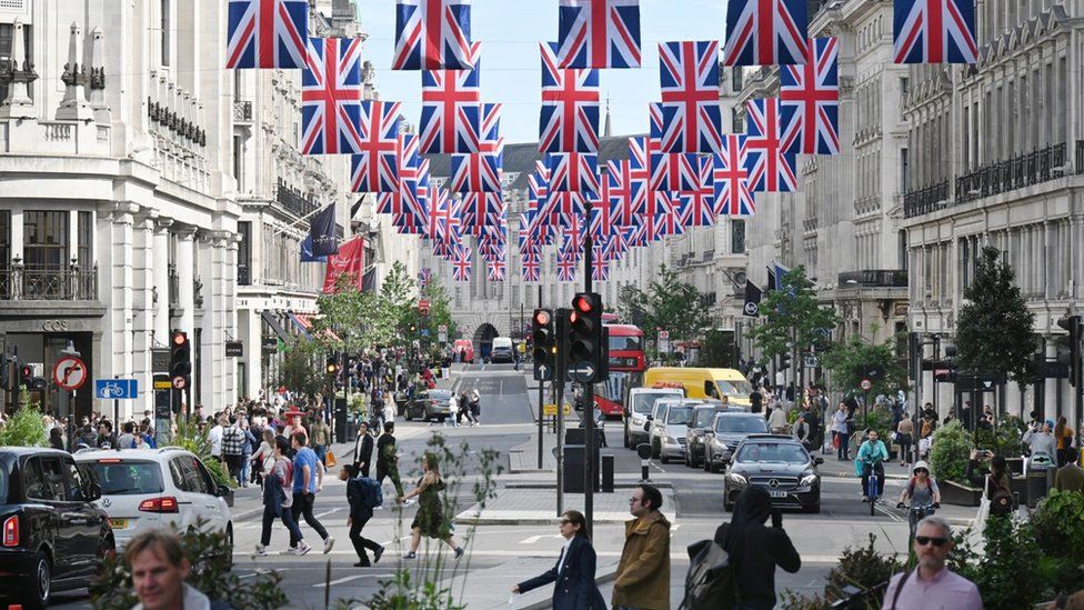 Regent street with Union Jack flags