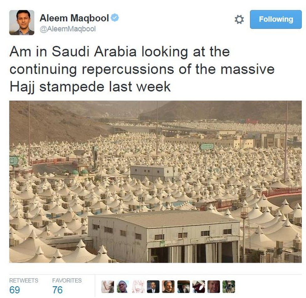 Aleem Maqbool on Twitter: Am in Saudi Arabia looking at the continuing repercussions of the massive Hajj stampede last week