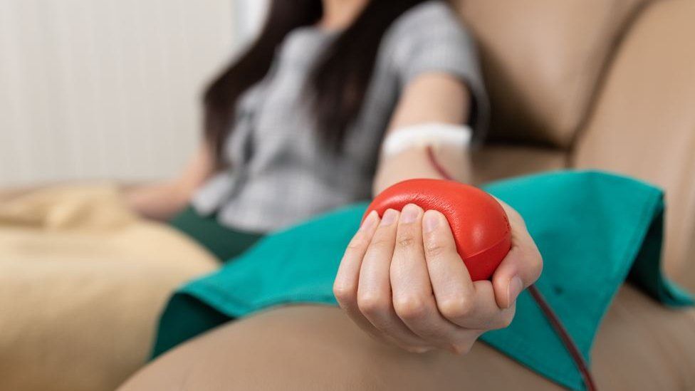 Close up of hand of woman squeezing a ball as she donates blood