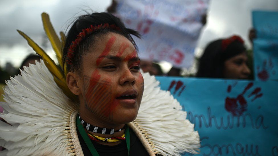 Indigenous people of different ethnic groups participate in a march for land demarcation, and against violence on indigenous lands and agribusiness, one day before the summit of the Amazon countries, in Belem, Para, Brazil, 07 August 2023.