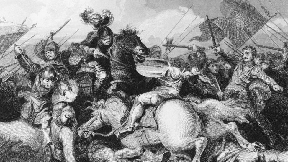 King Richard III"s Yorkist troops fight Lancastrians in the Battle of Bosworth Field, during the Wars of the Roses, 22nd August 1485. K