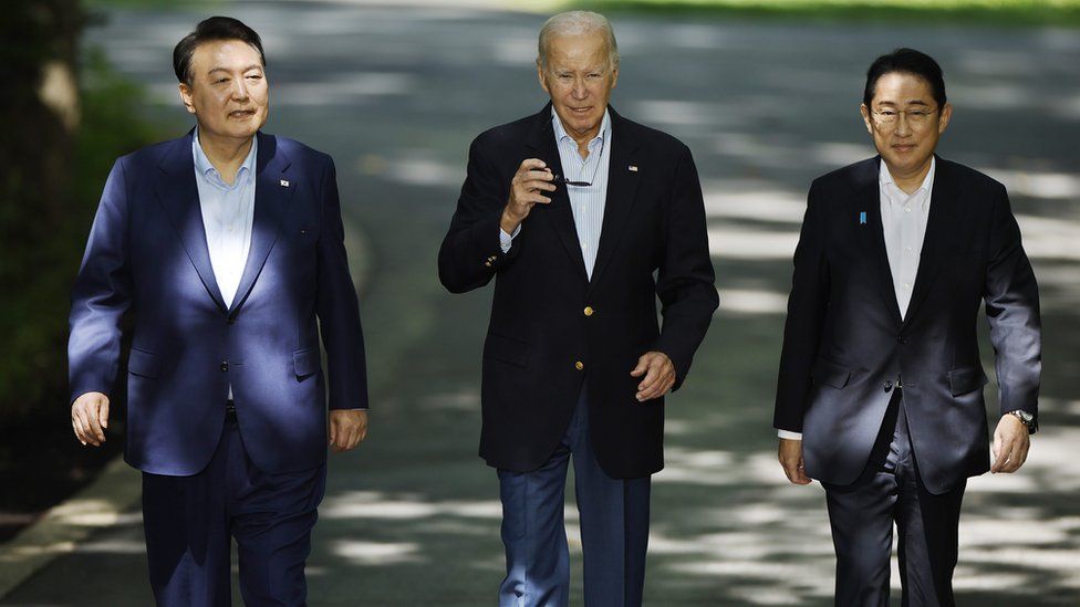 The leaders of South Korea, Japan and the US at a landmark three-way summit at Camp David