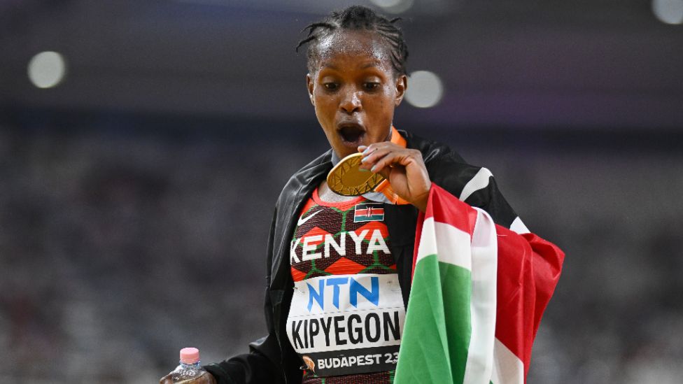 Faith Kipyegon of Team Kenya reacts after winning the Women's 1500m Final during day four of the World Athletics Championships