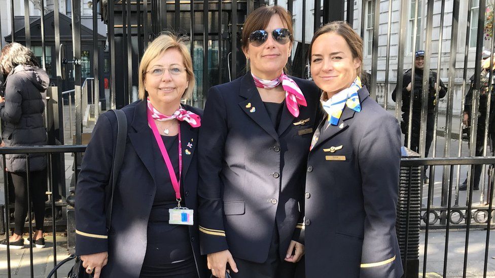 Abi Anderson with colleagues Shelley Matthews and Donna Kelly outside Downing Street.