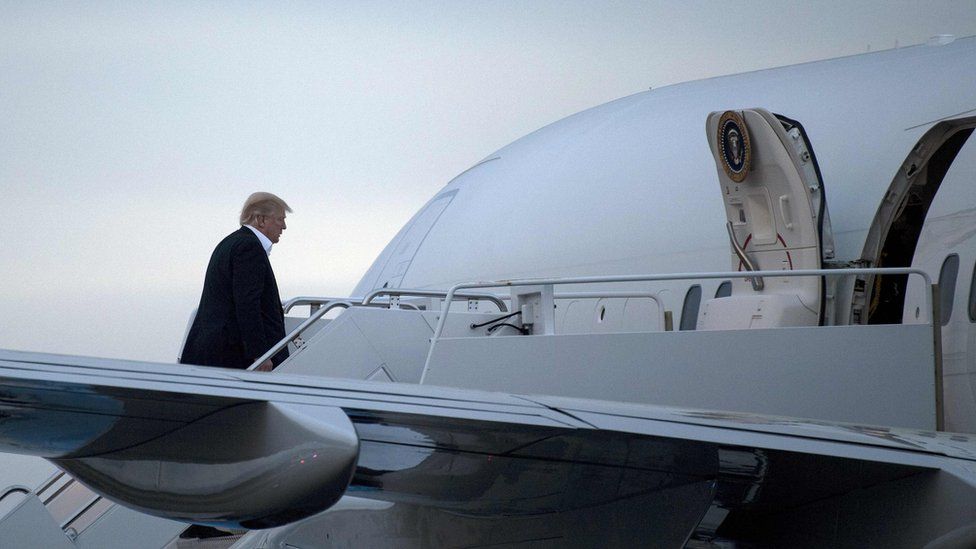 US President Donald Trump boards Air Force One at Morristown Municipal Airport May 7, 2017 in Morristown, New Jersey.