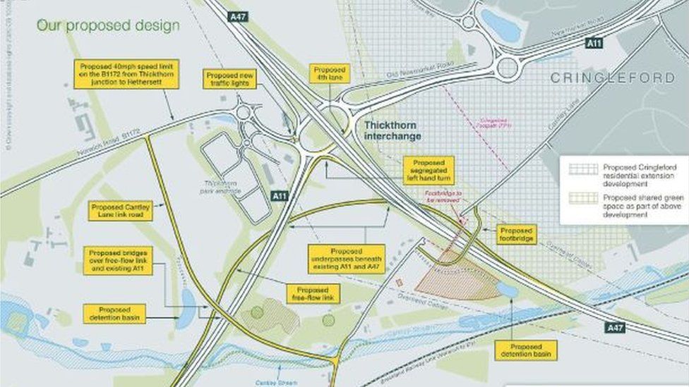 map of proposed improvements to Thickthorn roundabout, Norwich