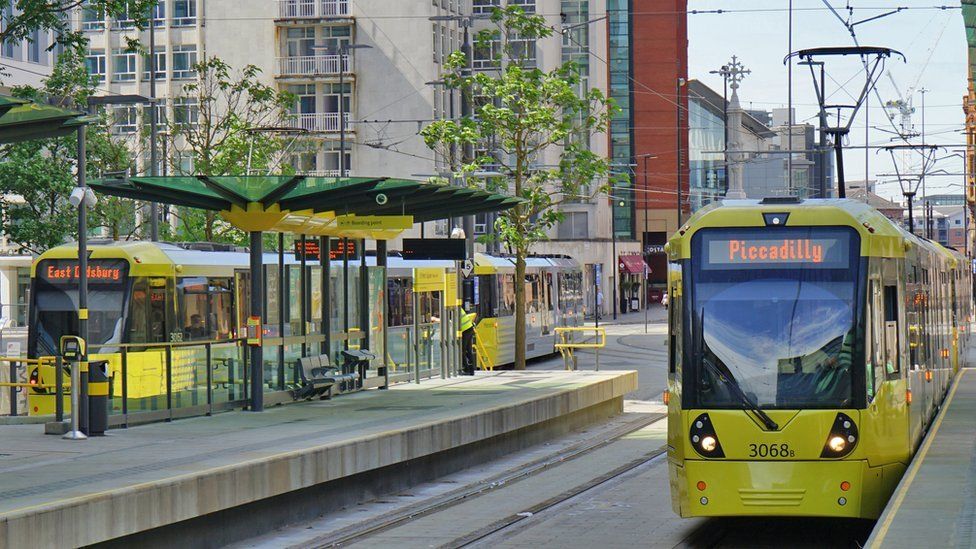 Metrolink trams at St Peter's Square, Manchester