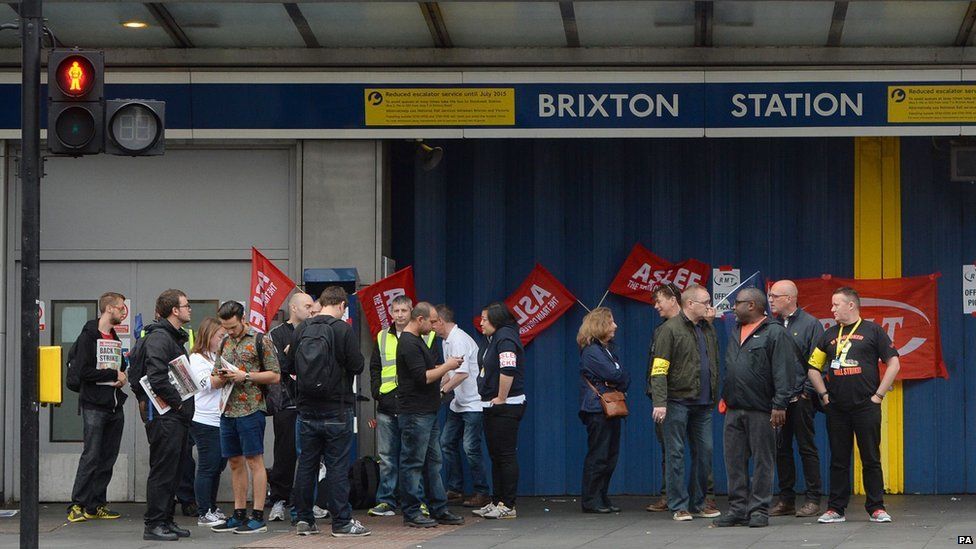 RMT members holding a picket outside Brixton Under