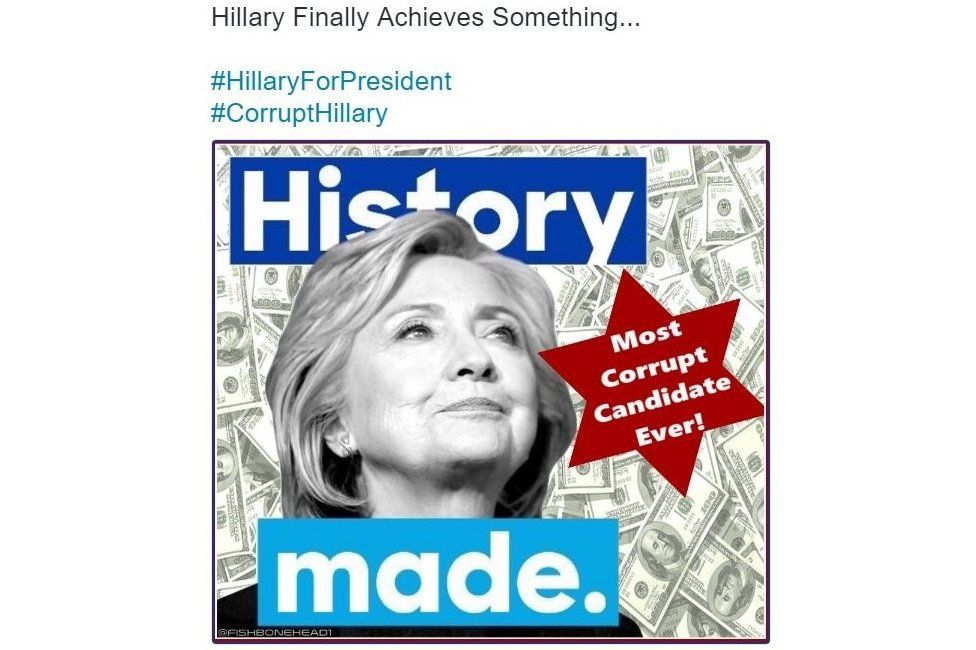 Tweet with picture of Hillary Clinton and $100 bills as background and the message "Most corrupt candidate ever" on a form resembling the Star of David