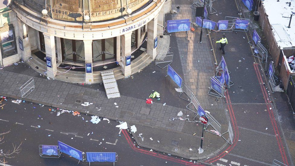 Aerial view of rubbish including shoes outside the Brixton Academy