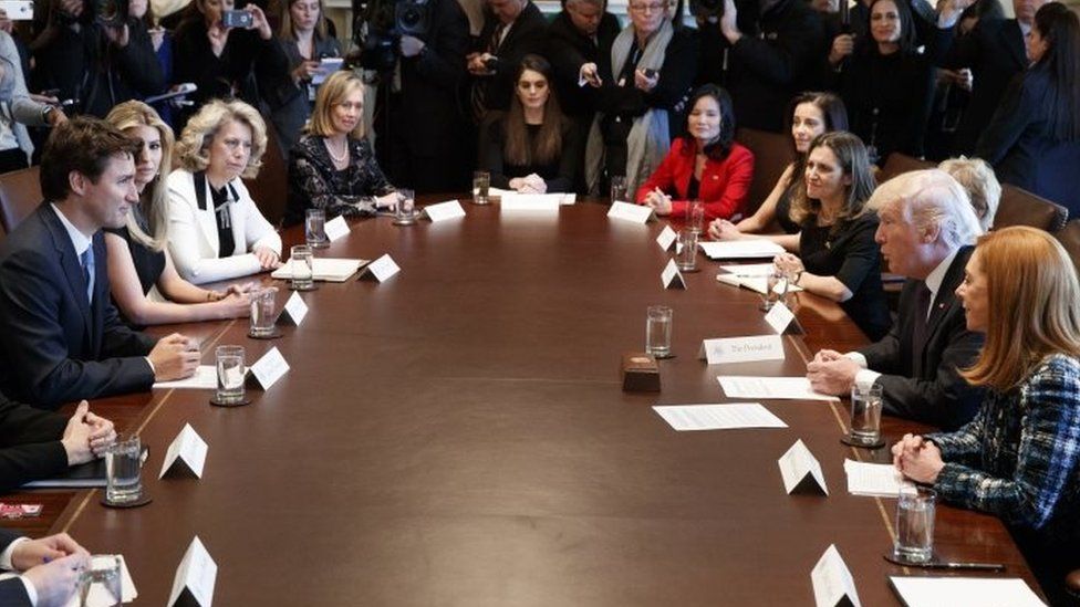 Canadian Prime Minister Justin Trudeau (L) meets US President Donald Trump and Canadian and US female executives.