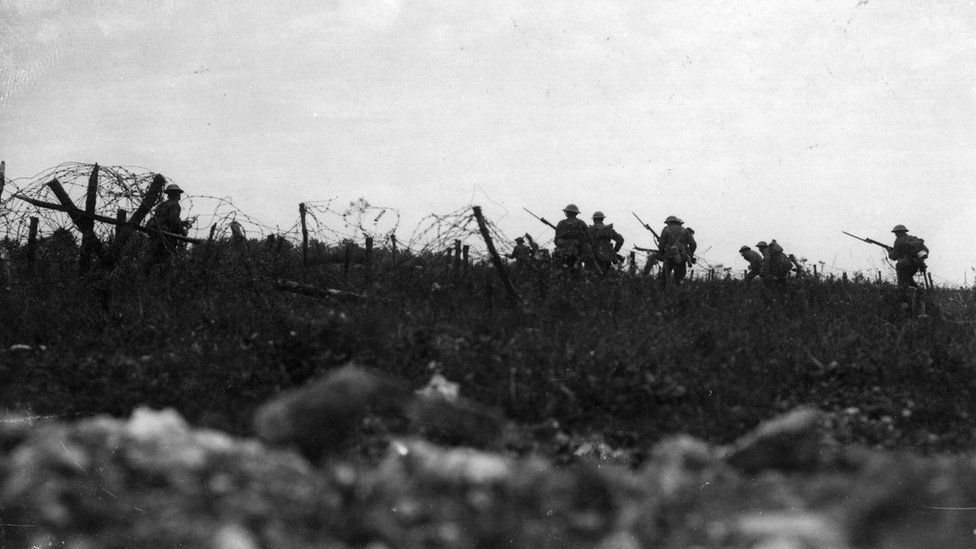 Soldiers advance towards Thiepval at the Battle of the Somme