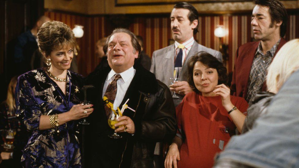 Sue Holderness, David Jason, John Challis, Tessa Peake-Jones and Roger Lloyd-Pack in a pub scene from episode 'He Ain't Heavy, He's My Uncle' of the television sitcom 'Only Fools and Horses', January 10th 1991.