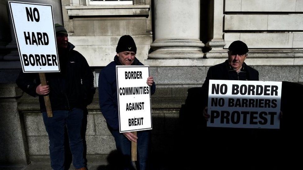Anti-Brexit campaigners, Borders Against Brexit protest outside Irish Government buildings in Dublin