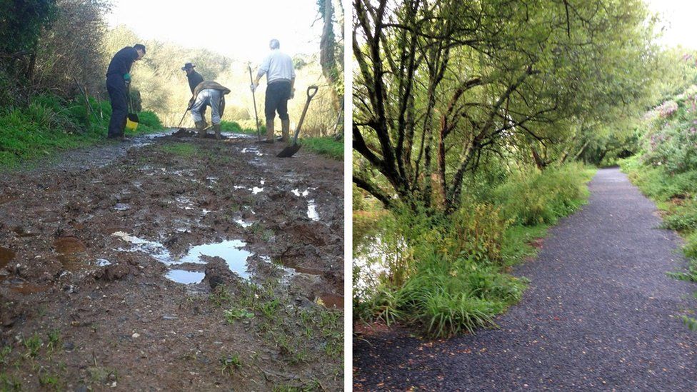 A path during the restoration work and after