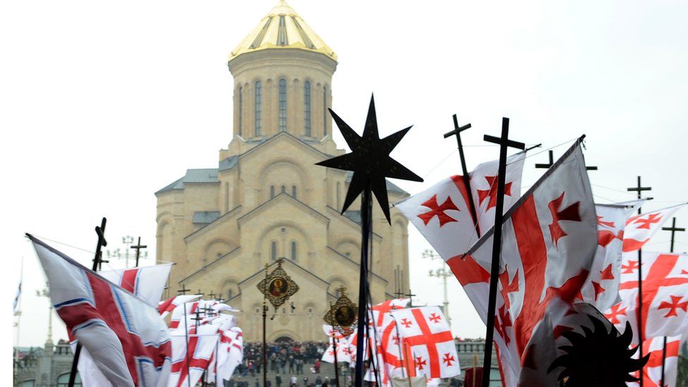 A religious procession outside Tbilisi's Holy Trinity Cathedral