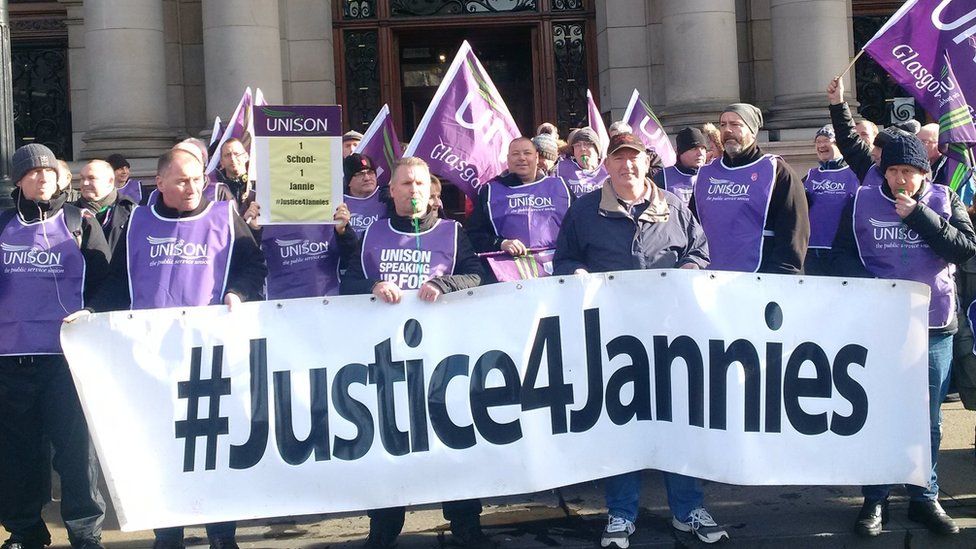 Janitors outside Glasgow City Chambers