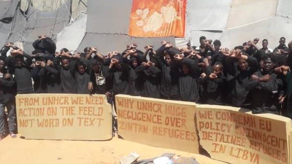 Migrants protesting at a detention centre in Zintan, Libya - July 2019
