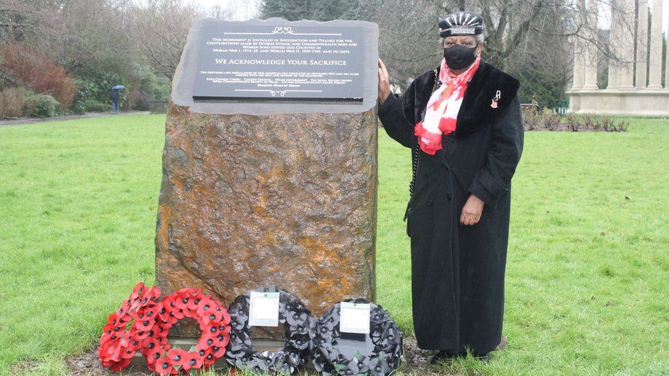 Windrush Cymru Elders representative Roma Taylor at the laying of the new wreaths