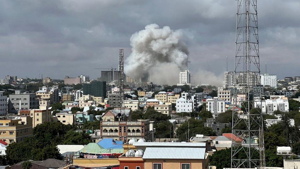 A view shows smoke rising following a car bomb explosion at Somalia's education ministry in Mogadishu, Somalia October 29, 2022