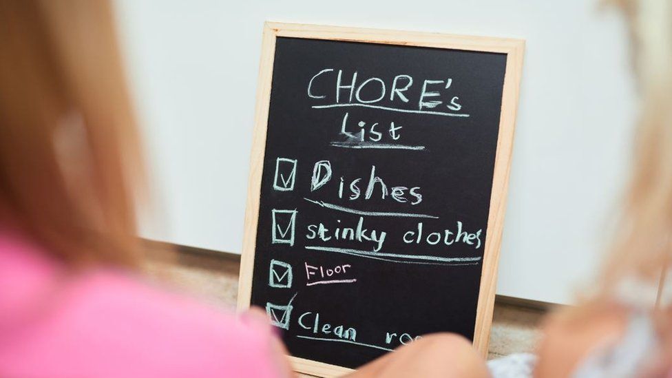A blackboard with a list (in child's writing) of chores to do: Dishes; Stinky clothes etc