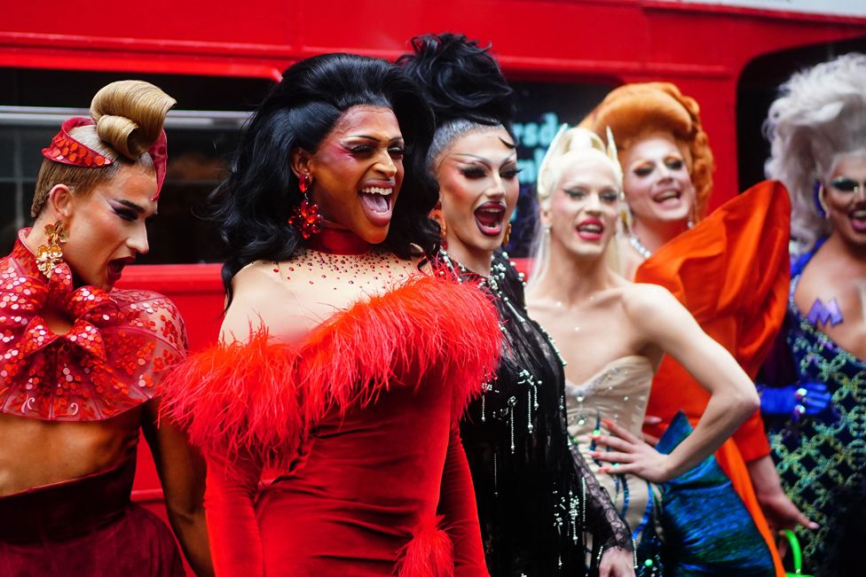 Contestants of RuPaul's Drag Race UK gather outside BBC New Broadcasting House, London, promoting the new series of Drag Race UK. 19 September 2023.