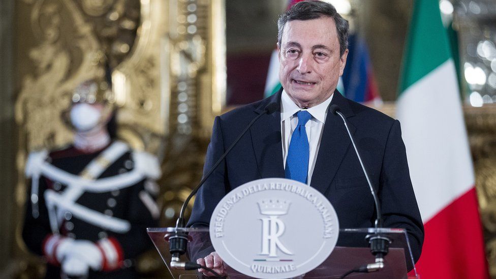 The former President of the ECB (European Central Bank) in a press conference at Quirinale after being charged by President of the Republic with forming a new technocratic government in Rome (Italy), February, 3rd, 2021