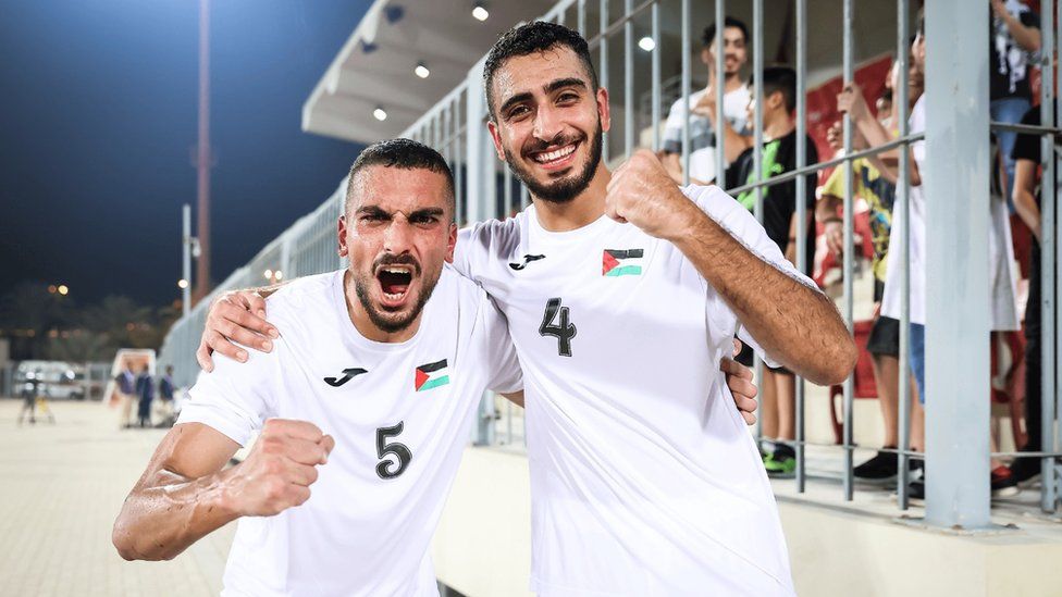 Ibrahim Abuimeir, 21, described by his trainers as one of the star defenders of the Palestinian team (left)