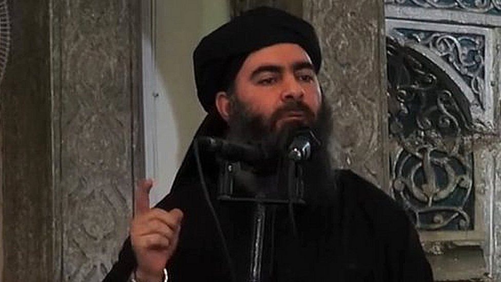 Abu Bakr al-Baghdadi addresses worshippers at the Great Mosque of al-Nuri in Mosul, Iraq, on 5 July 2014